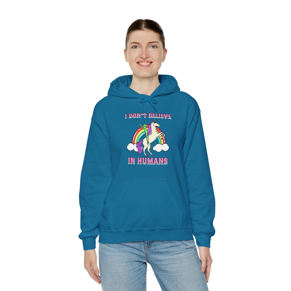 Funny Unicorn Hoodie: I Don't Believe in Humans Sci-Fi Alien