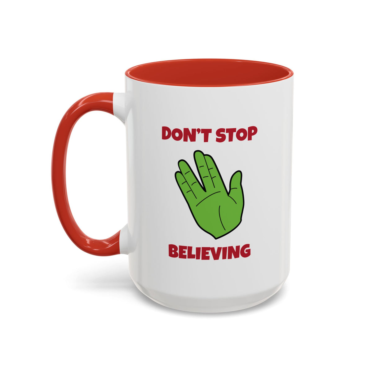 Don’t Stop Believing Funny Spock Christmas Accent Mug-welovescifi.net