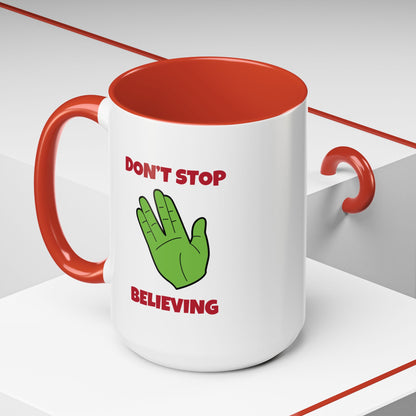 Don’t Stop Believing Funny Spock Christmas Accent Mug-welovescifi.net