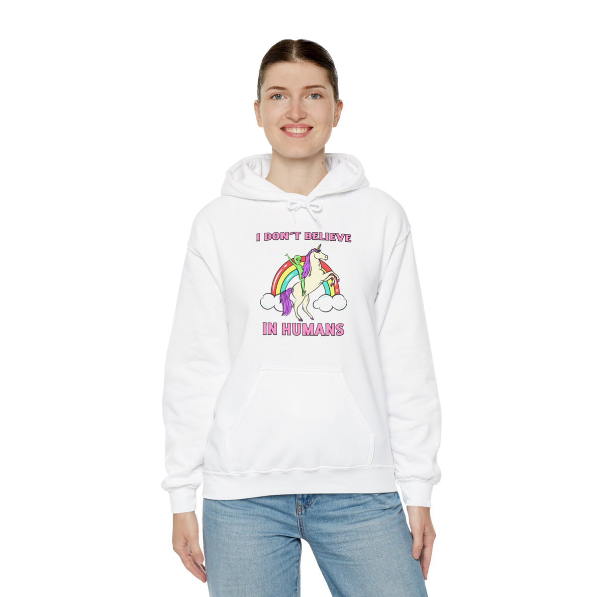 Funny Unicorn Hoodie: I Don't Believe in Humans Sci-Fi Alien