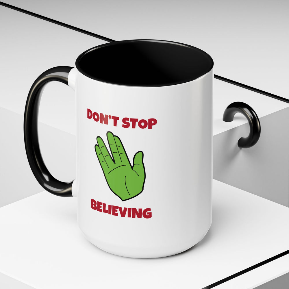 Don’t Stop Believing Funny Spock Christmas Accent Mug-welovescifi.net