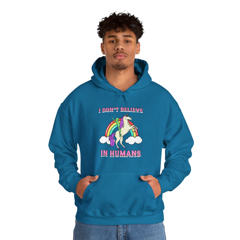 Funny Unicorn Hoodie: I Don't Believe in Humans Sci-Fi Alien